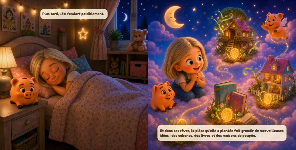 Double-page du livre Kash et la pièce des rêves montrant Léa rêvant de ses projets