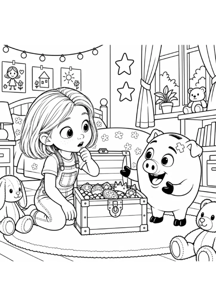 Coloriage de Léa et Kash découvrant un coffre rempli de trésors dans la chambre de Léa.