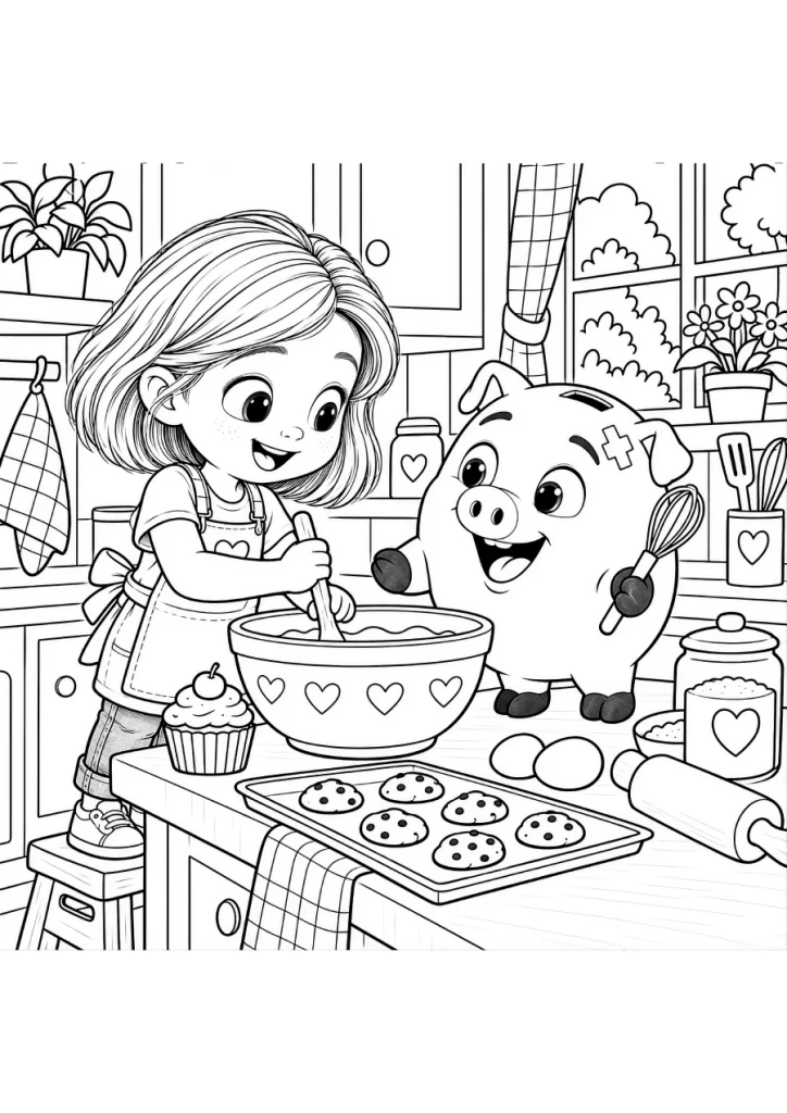 Coloriage de Léa et Kash préparant des gâteaux dans la cuisine.