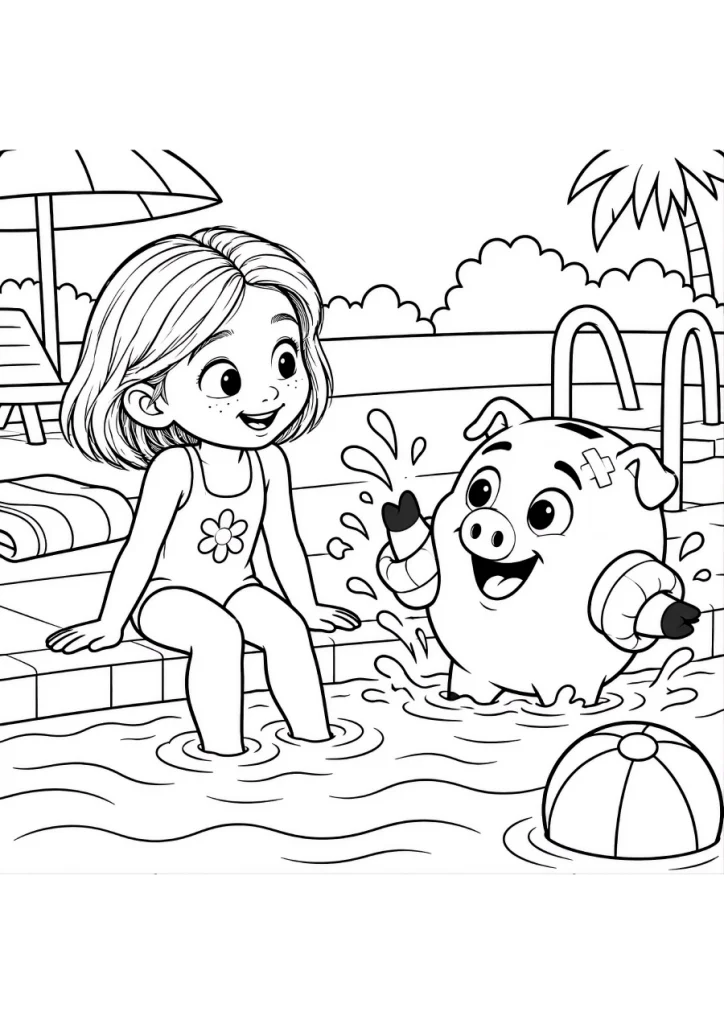 Coloriage de Léa et Kash à la piscine.