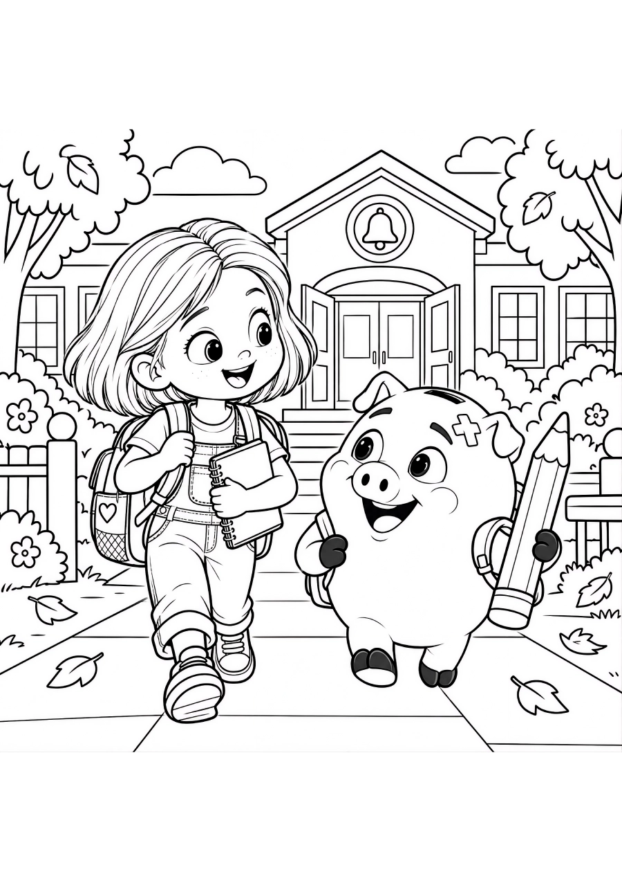 Coloriage de Léa et Kash le jour de la rentrée, avec Léa portant son cartable et Kash à ses côtés devant l’école.