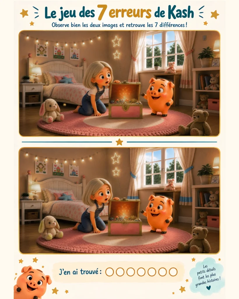 Jeu des 7 erreurs de Kash pour enfants avec deux illustrations de Léa et Kash à comparer.