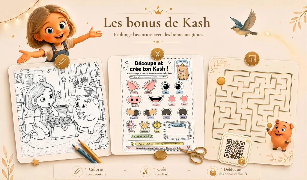 Aperçu des bonus de Kash : coloriage, activité créative, labyrinthe et contenus exclusifs.