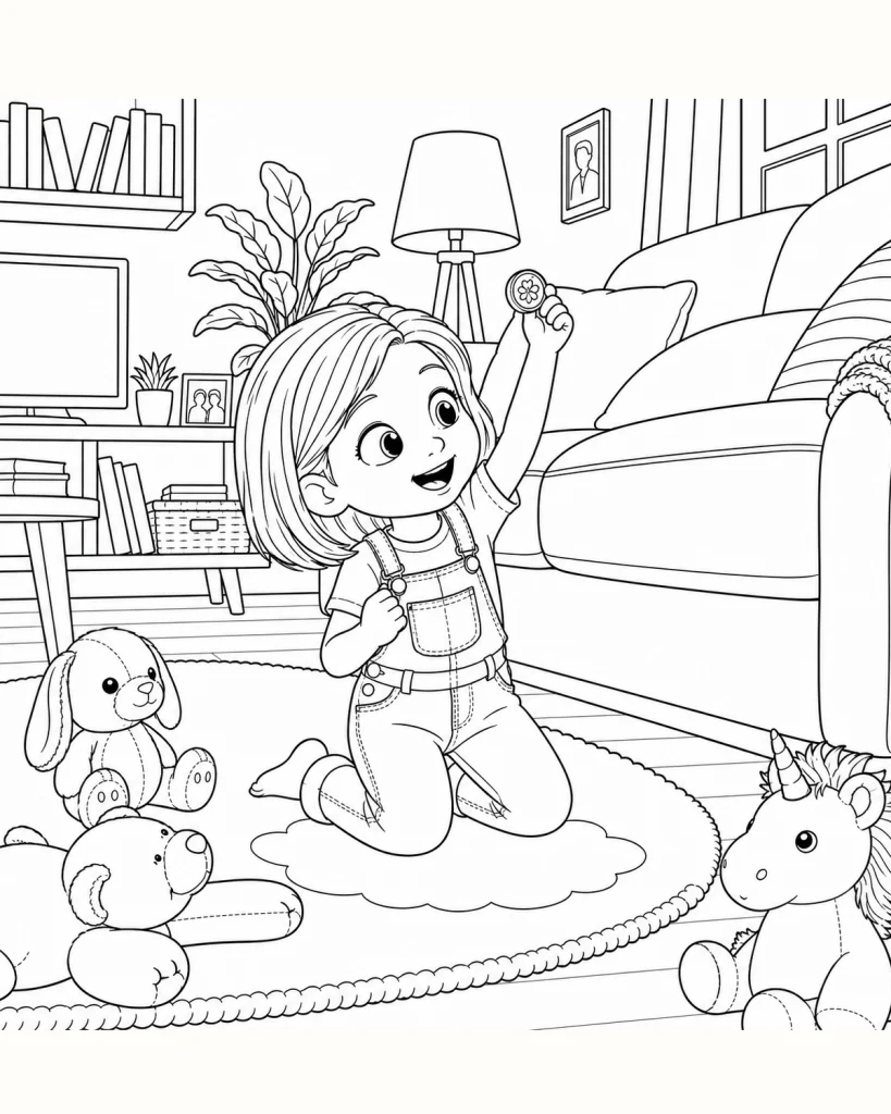 Coloriage de Léa tenant une pièce dans sa chambre.