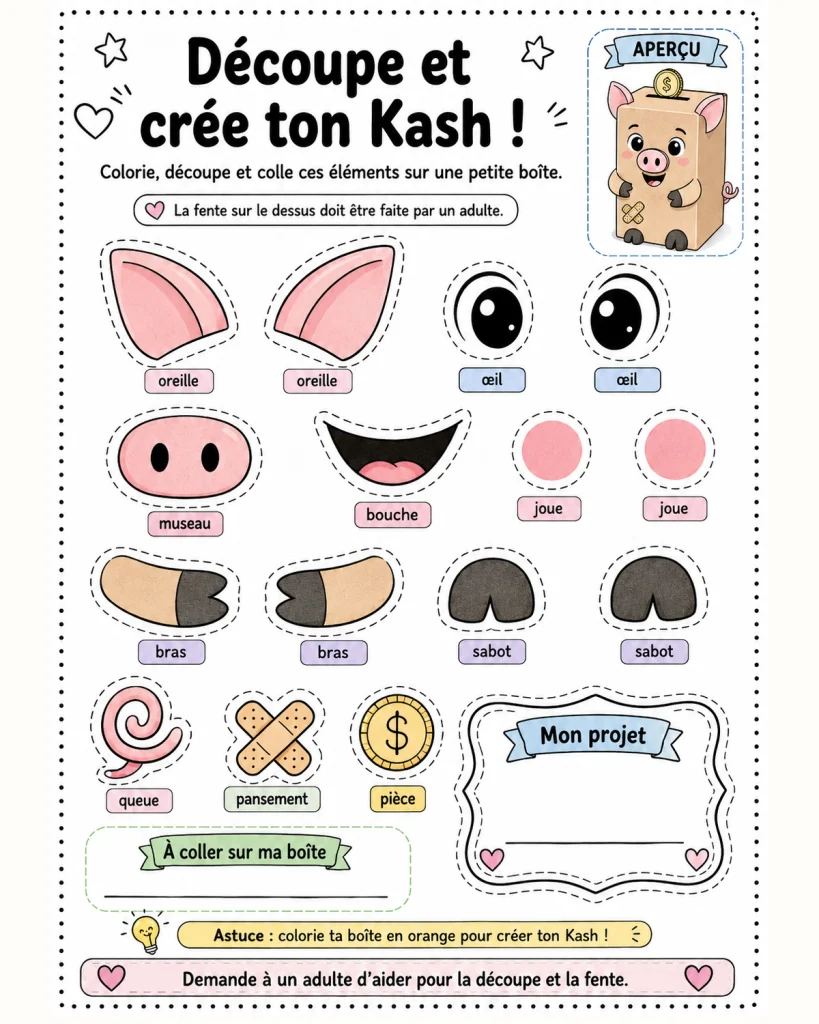 Aperçu de l’activité à découper pour créer sa propre tirelire Kash.
