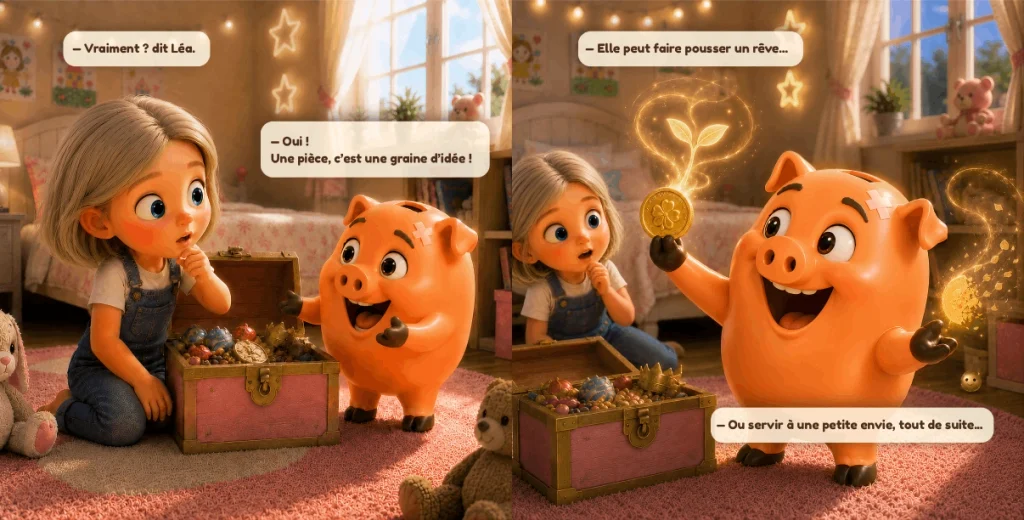 Double-page du livre Kash et la pièce des rêves où Kash explique à Léa qu’une petite pièce peut faire grandir un rêve.