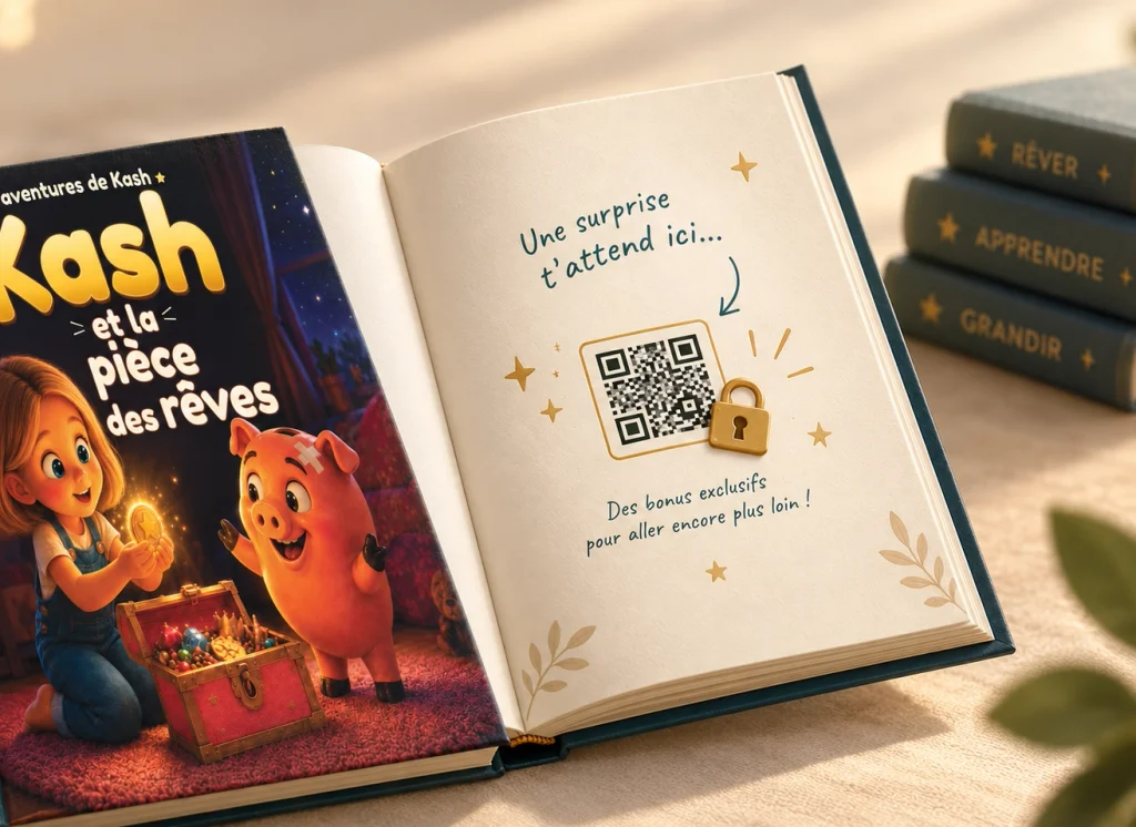 Livre Kash et la pièce des rêves ouvert sur une page révélant des bonus exclusifs accessibles par QR code.