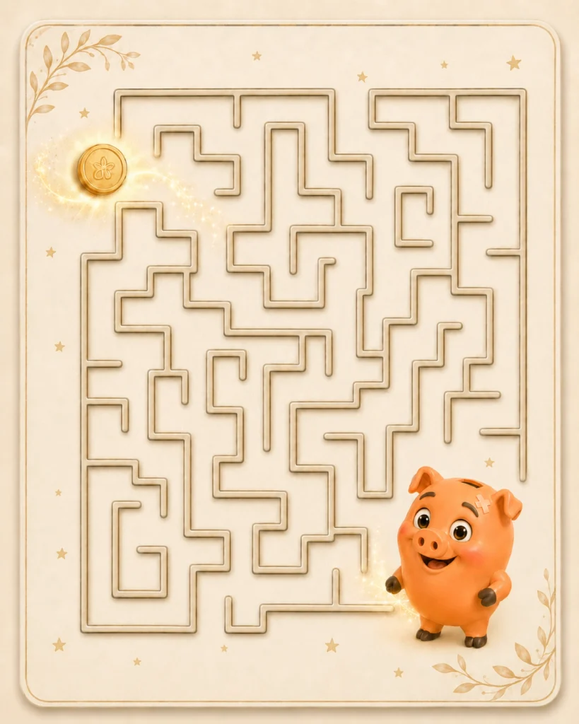 Labyrinthe difficile de Kash pour enfants, avec un parcours plus complexe à résoudre jusqu’au coffre.