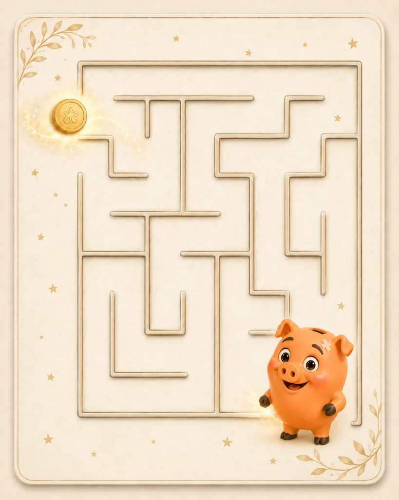 Labyrinthe facile de Kash pour enfants, avec un chemin à retrouver jusqu’au coffre.