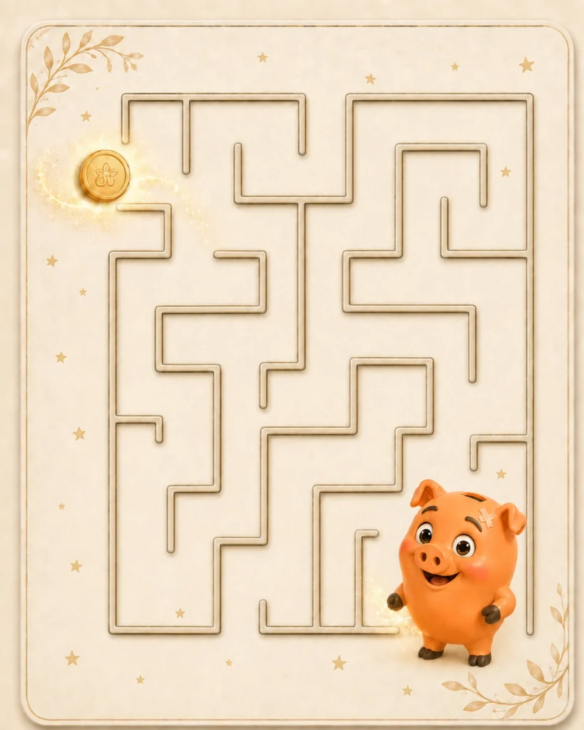 Labyrinthe intermédiaire de Kash pour enfants, avec un parcours à résoudre jusqu’au coffre.