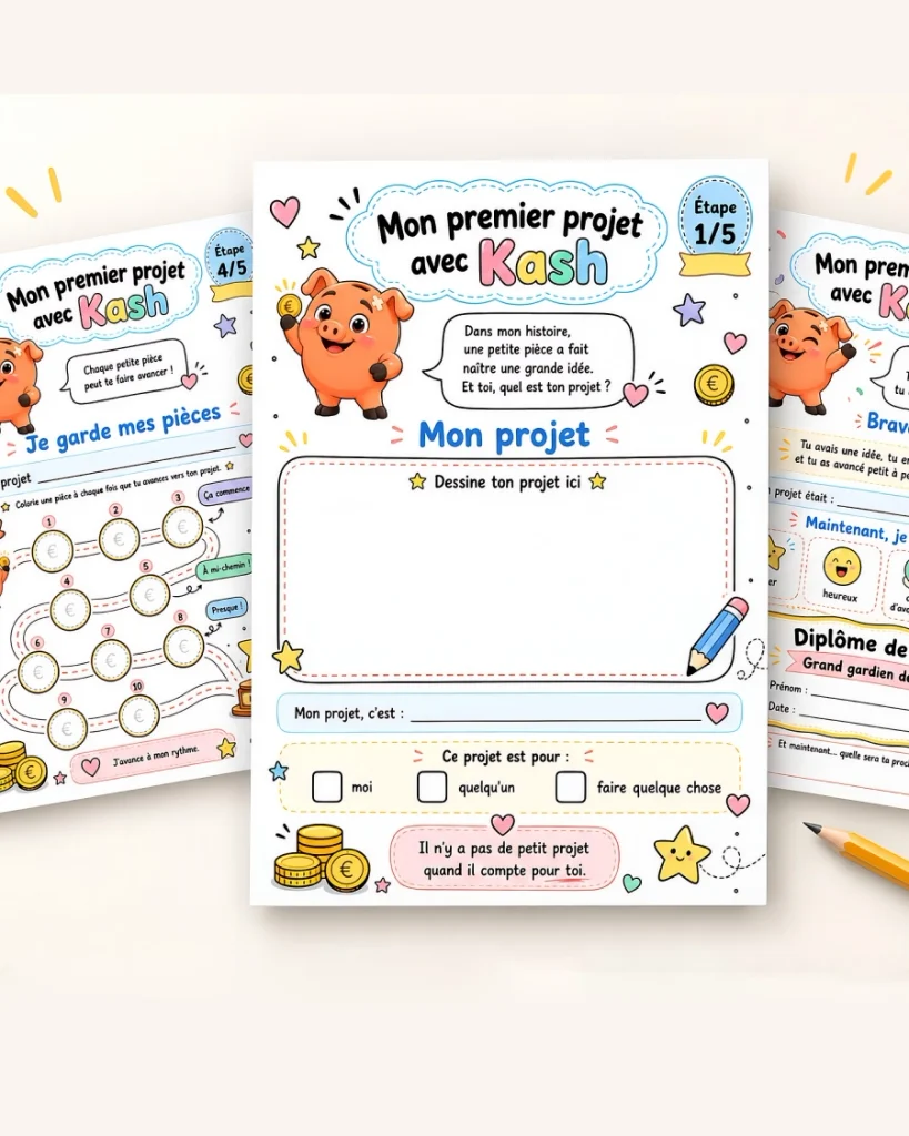 Mockup du bonus Mon premier projet avec Kash avec plusieurs pages du cahier d’activités imprimable, dont le parcours avec les pièces et le diplôme final.
