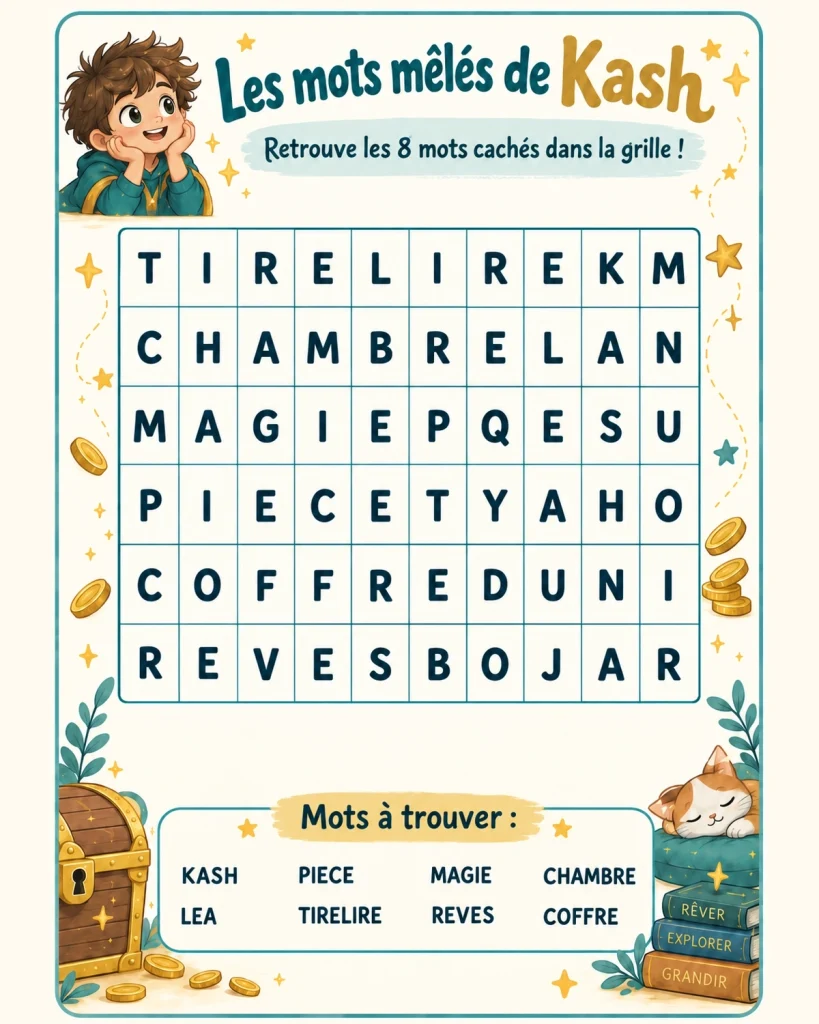 Mots mêlés de Kash pour enfants avec 8 mots à retrouver : Kash, Léa, pièce, tirelire, magie, rêves, chambre et coffre.