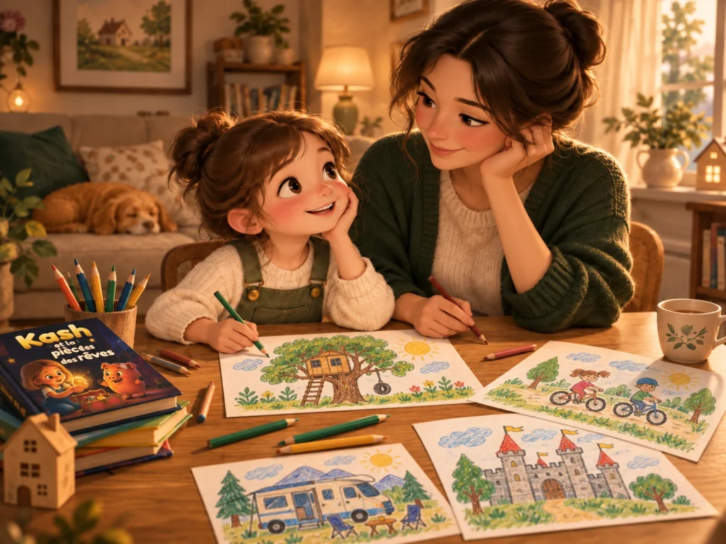 Un parent et son enfant partagent un moment créatif autour de dessins inspirés de l’univers de Kash.
