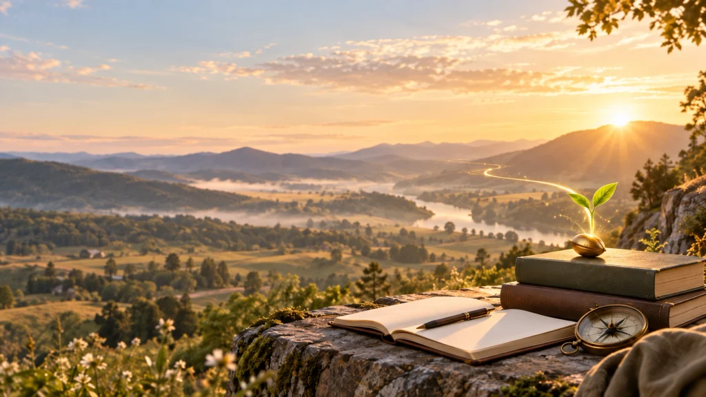 Des livres, un carnet, une boussole et une jeune pousse face à un paysage au lever du soleil.