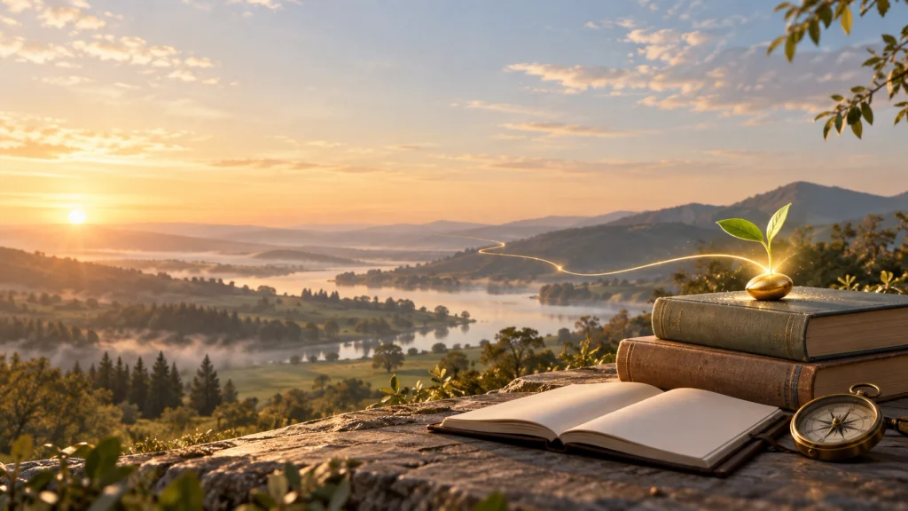 Une jeune pousse, des livres et une boussole devant un paysage ouvert au lever du soleil.